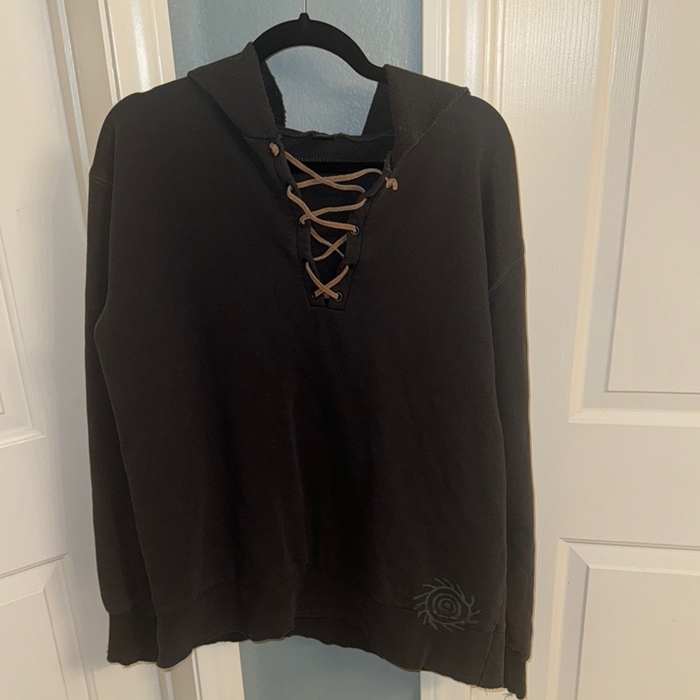 Black Lace-Up V-Neck Hooded Sweater